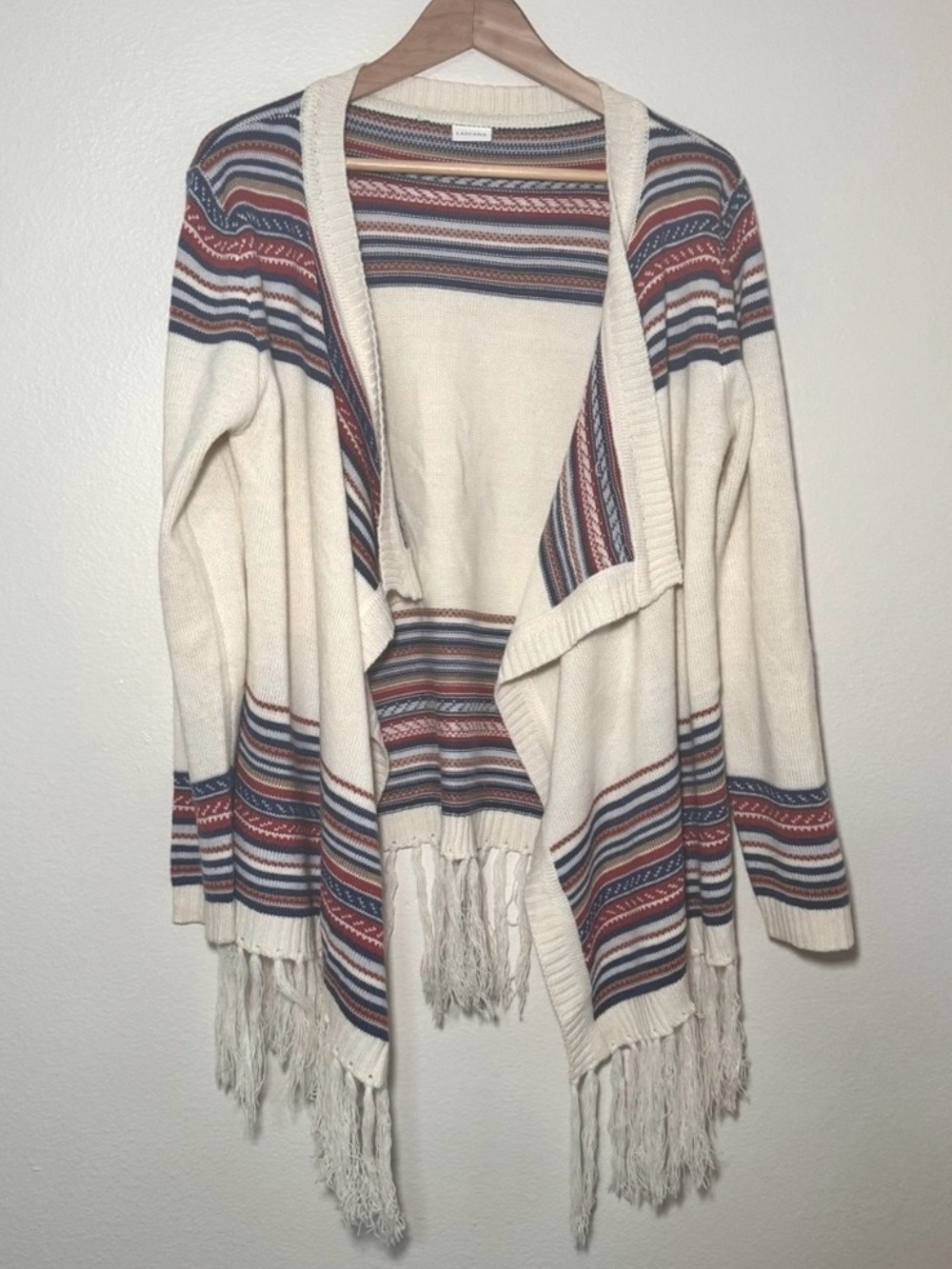 Lascana Southwestern Fringe Cardigan Wool Blend Boho Open Front Size L